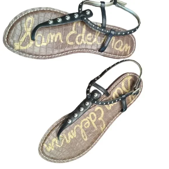 EUC | Sam Edelman | Gigi | Black Leather | Gold Studded Thong Sandal | Size: 10 - Picture 9 of 14